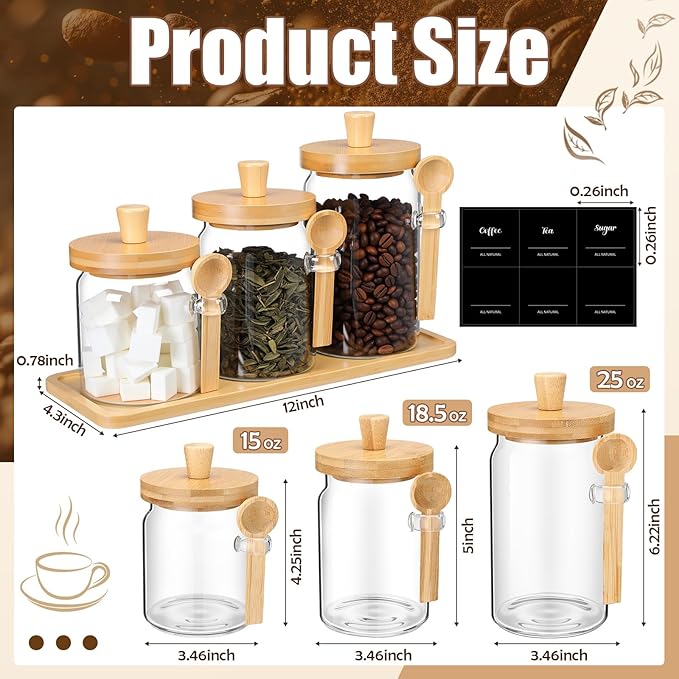 Suclain 3 Pcs Glass Coffee Container with Wooden Lid Spoon Shelf Labels Clear Airtight Jar Food Storage Canister Set for Sugar Spice Coffee Bean Holder Housewarming Gift(13.5,20,25 oz,Natural Bamboo)