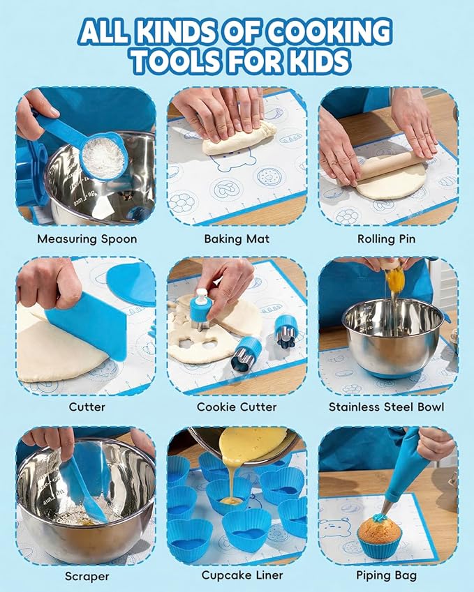 Kids Baking Set–Real Cooking Set for Kids with Kids Cooking Utensils & Kitchen Accessories, Measuring Tools & Baking Supplies,Great Gift for Pretend Play & Montessori Learning (Blue)