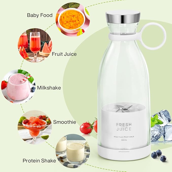 Portable Blender,Fashion Portable Blender for Shakes and Smoothies 11.8 Oz,Magnetic USB Fast Charging Mini Mixer Bottle,Take It for Traveling, Outdoor, Gym, Office, Cars, Gift -WH