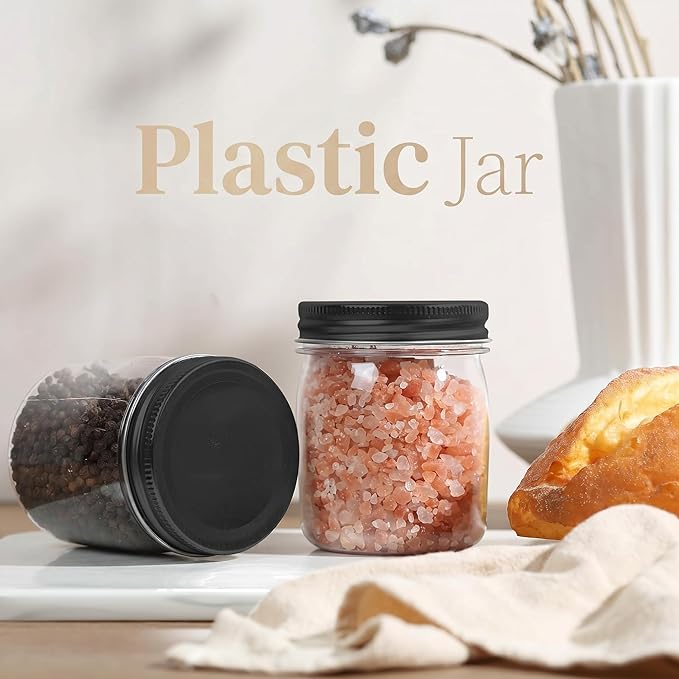 novelinks 8 oz Clear Plastic Jars with Airtight Lids, 24 Pack Plastic Mason Jars with Lids 8oz, Refillable Storage Slime Containers & Small Spice Jar for Kitchen Organization (24 Pack,Black)