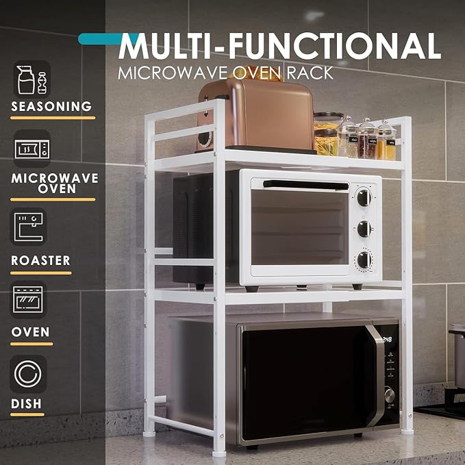 DOLALIKE Microwave Oven Rack, Expandable Microwave Stand Kitchen Countertop Organizer Utensils Storage, Carbon Steel Over Microwave Shelf with 3 Hooks (White, 3 Tier)