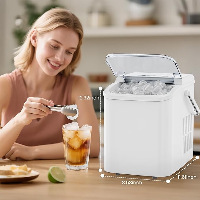DUMOS Countertop Ice Maker with Handle, 26lbs/24H Portable Ice Machine, 9 Bullet Cubes Ready in 6 Mins, Self-Cleaning, Quiet Compact for Home, Kitchen, RV, Camping, White