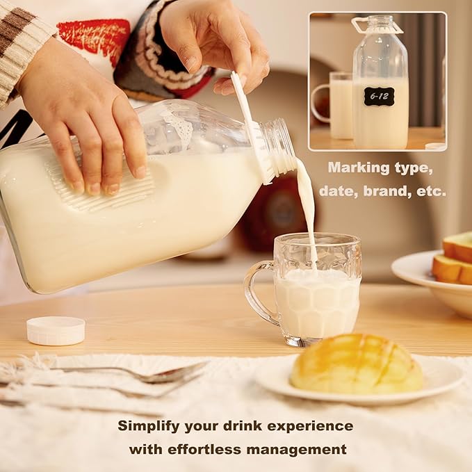 FyndraX Glass Milk Jugs Bottles - Half Gallon / 2Qt Container Pitcher with Airtight Screw Lids and Handle for Milk, Breastmilk, Juice, Iced Tea, Cold Water, 64 OZ Set of 2