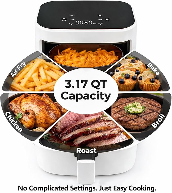 Simple Deluxe 8-in-1 Air Fryer 3 Qt, Digital Preset Airfryer with Overheat Protection and Auto Shut-Off, Nonstick and Dishwasher-Safe Basket for Fries, Bake, 60-Min Timer, Max 400°F, 800W, White