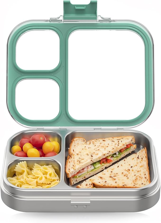 HOMEKOL Stainless Steel Bento Lunch Box, 3-Compartment Leak-Proof Lunch Container for Kids & Adults, BPA/BPS-Free 304 Metal Food Box, Dishwasher Safe, Clear Tritan Lid, Green (Not Insulated)