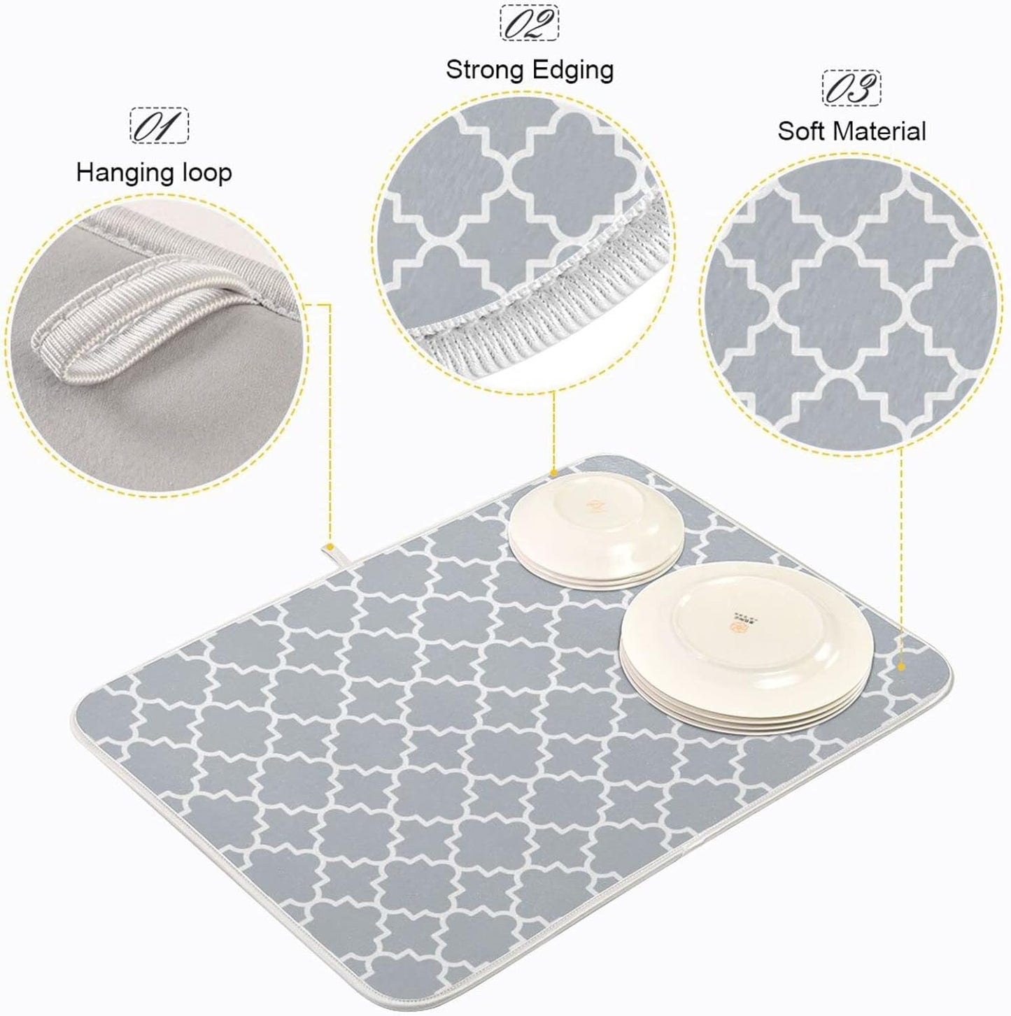 senya Super Absorbent Dish Drying Mat, Microfiber Fast-Drying Dish Mat, 16'' x 18'', Kitchen Dish Drying Pad, Grey Moroccan, 16x18in