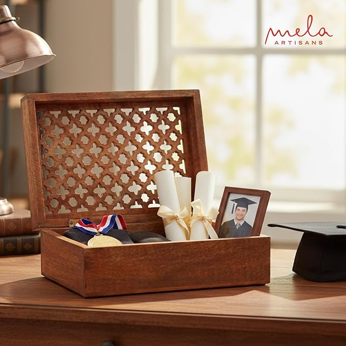 Mela Artisans Trellis Mango Wood Decorative Storage Box – Hand-Carved Wooden Jewelry Box for Keepsakes, Accessories & Home Decor – Medium Burnt, Large, 9 x 6 x 3.5