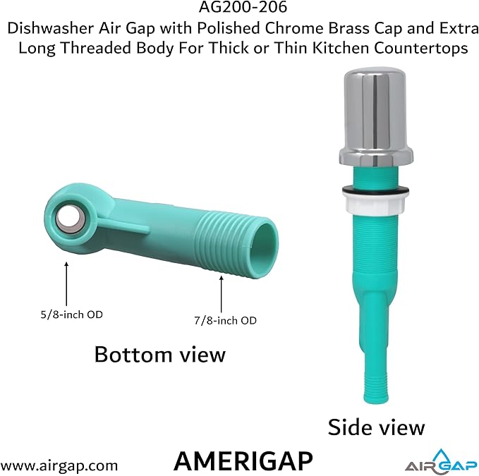 Dishwasher Air Gap with Skirted Polished Chrome Brass Cap and Extra Long Threaded Body for Thick or Thin Kitchen Countertops (AG200-206, AG200-X06, AMERIGAP)