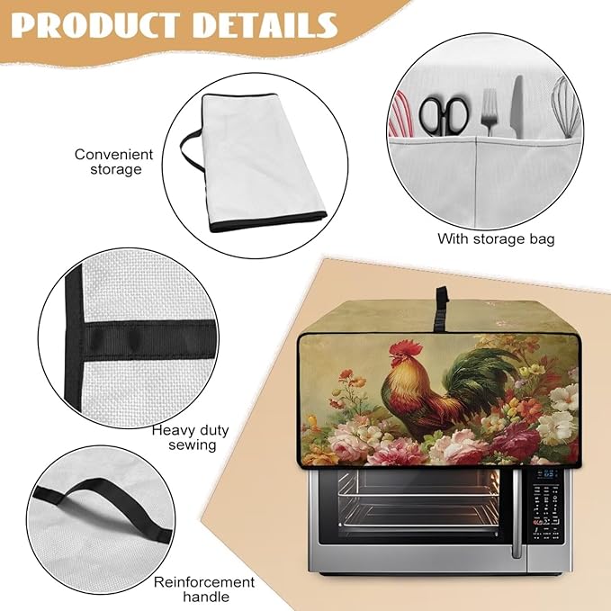 Air Fryer Toaster Oven Dust Cover Dust Protection Countertop Convection Oven Cover Stain-resistant Kitchen Appliance Protector, M, Chicken Rooster Vintage Floral