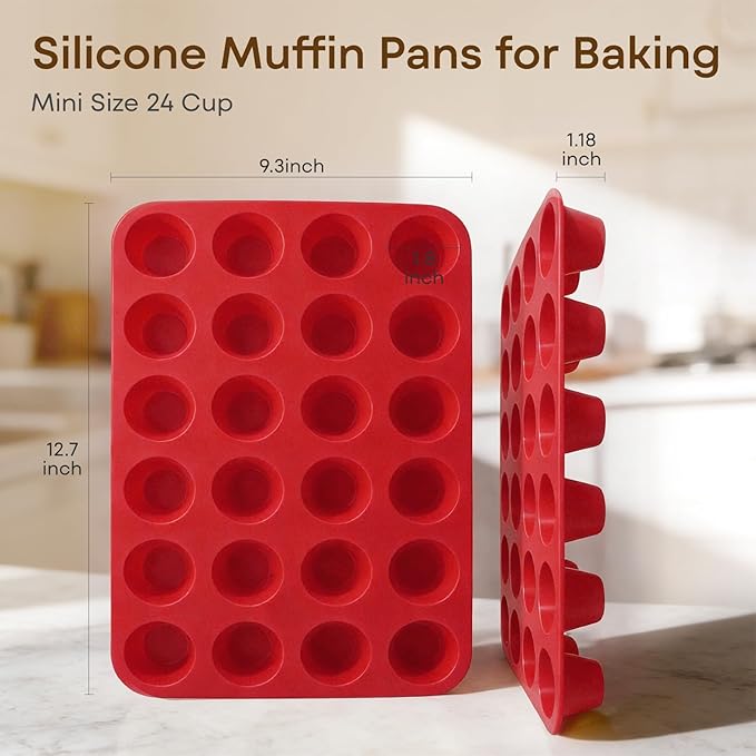 Silicone Muffin Pans for Baking Nonstick 2 Pcs, 24 Cup Mini Cupcake Pan, Food-Grade Silicone Baking Molds for Cupcakes, Freezer, Red