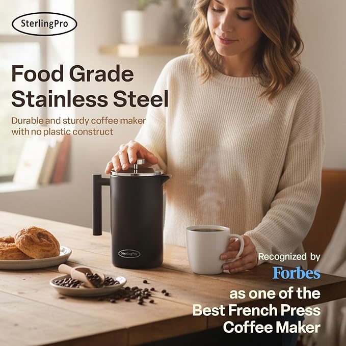 SterlingPro Stainless Steel French Press Coffee Maker 1.5 L (51 oz) Black – Double Walled Insulated Large Coffee Press, Durable Design Keeps Drinks Hot, Easy to Use and Clean for Rich Flavor Brewing