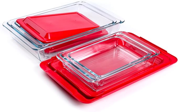 Set of 8 pcs Tempered Nesting Glass Baking Pan Set, Glass Baking Dish with BPA Free Lids. Oven, Microwave, Refrigerator and Dishwasher Safe - 1L, 1.7L, 2.8L, 4.2L