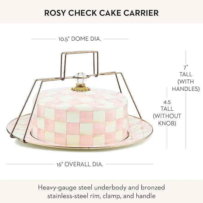 MACKENZIE-CHILDS Enamel Cake Carrier, Cake-Dish Serving Platter with Lid and Handles, Pink-and-White Rosy Check