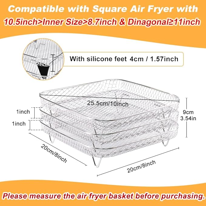 BYKITCHEN 8 inch Square Air Fryer Rack, 3pcs Stackable Stainless Steel Dehydrator Rack with Silicon Feet, Square Air Fryer Accessories for Cosori, Instant Vortex, Ninja Pro XL 6.5 QT AF181 & More