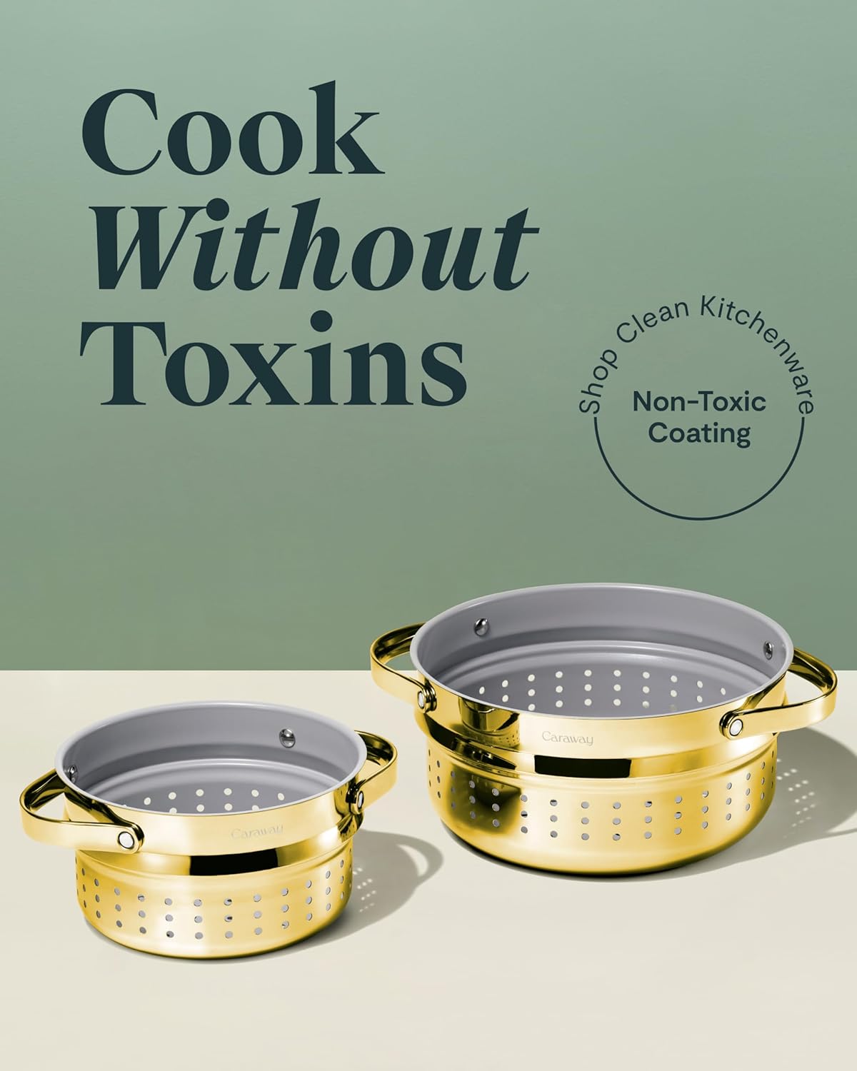 Caraway Steamer - Stainless Steel Steamer with Handles - Non Stick, Non Toxic Coating - Steam Veggies, Seafood, and More - Compatible With Our Dutch Oven or Sauce Pan - Large, 6.5qt - Gold