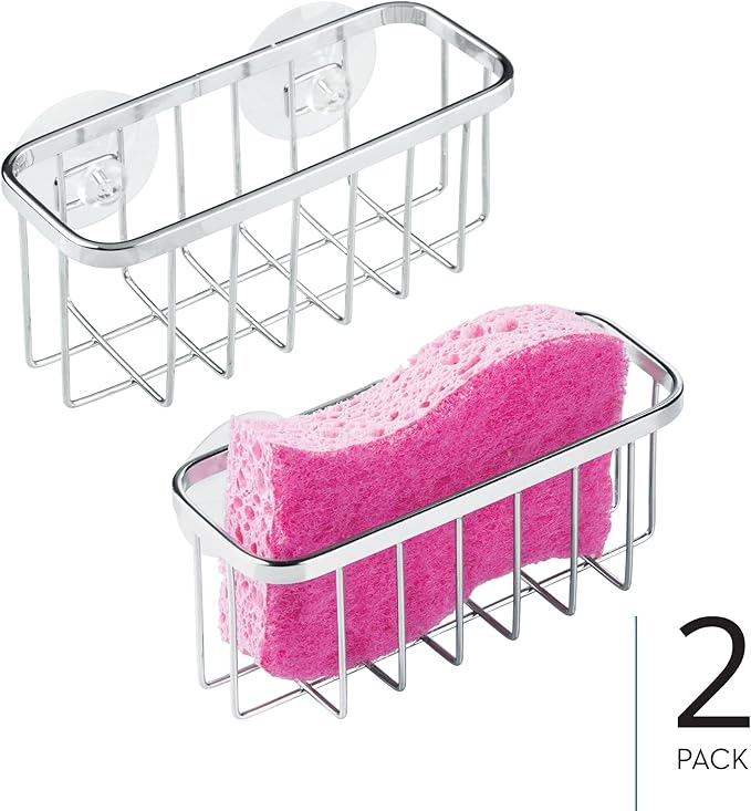 iDesign Stainless Steel Suction Sponge Holder, Kitchen Sink Sponge Caddy Organizer, 2-Pack, Polished