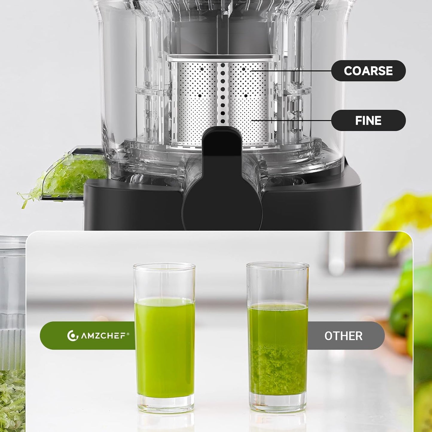 AMZCHEF Cold Press Juicer, 4.5" Juicer Machines with Large Feed Chute for Whole Fruits & Vegetables, Stainless Steel Juice Extractor with Large Auger, Dual Strainers, Easy Cleanup & Assembly
