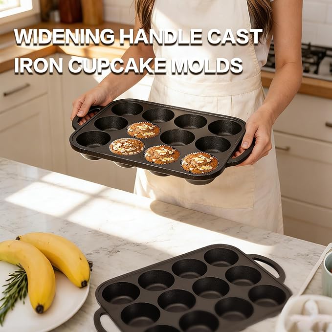 Flavehc 2pack Cast Iron Muffin Pans for Baking 12 Cup Regular Size Cupcake Pan with Handle Pre-Seasoned Muffin Pans Molds