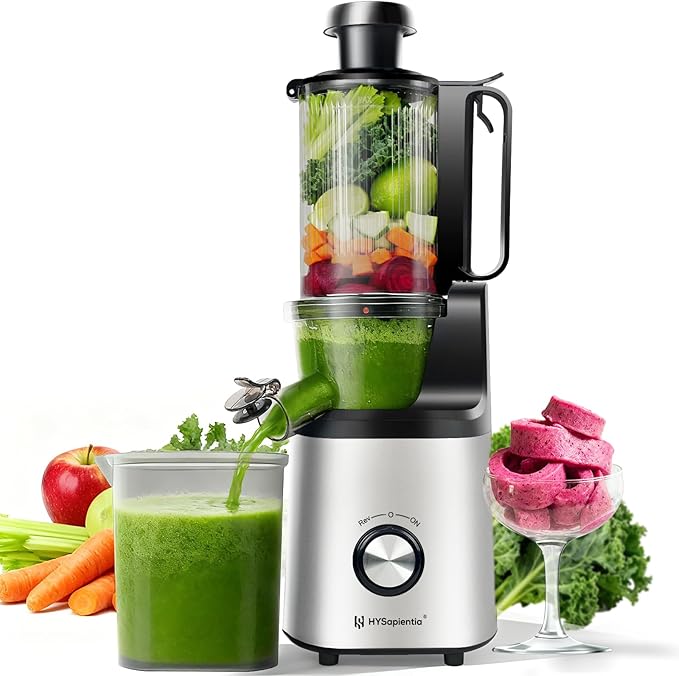 Cold press juicer machines，HYSapientia Electric masticating slow juicer for vegetable and fruit,Powerful Motor,Self Precut System,Easy to Clean,High Juice Yield,Juice & Fruit Purée Gelato Strainers