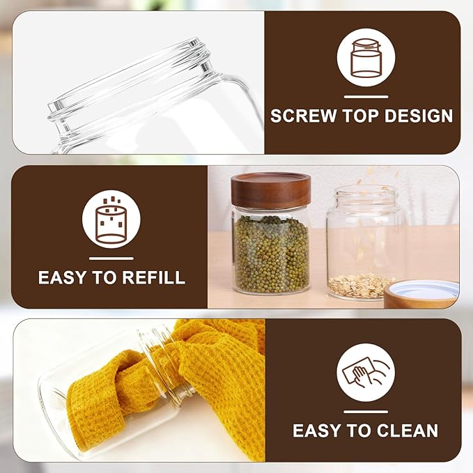 11oz Glass Jar with Wood Lid, 2 Pack 320ml Glass Canister with Airtight Lids, Wooden Screw Top Coffee Jars Clear Kitchen Pantry Containers for Sugar, Tea, Overnight Oats, Bean, Candy, Cookie