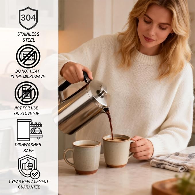 Samll French Press Coffee Maker 21OZ, Stainless Steel 600ml Coffee Press with Black Handle for Personal, Office, Travel,Camping (Sanding Silver, 1-3 Cups)