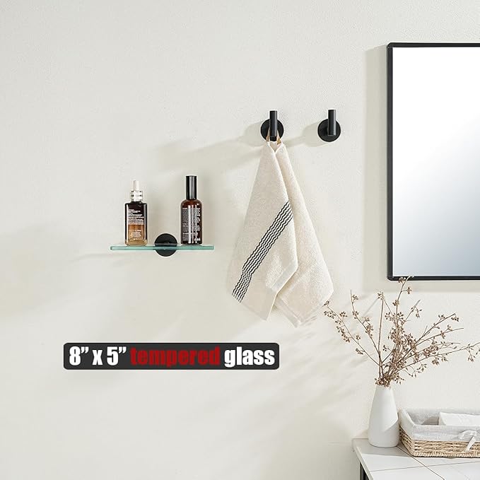 JQK Bathroom Glass Shelf Black, Tempered Glass Shower Storage 8 by 5 inches, 304 Stainless Steel Matte Black Wall Mount, TGS101L8-PB