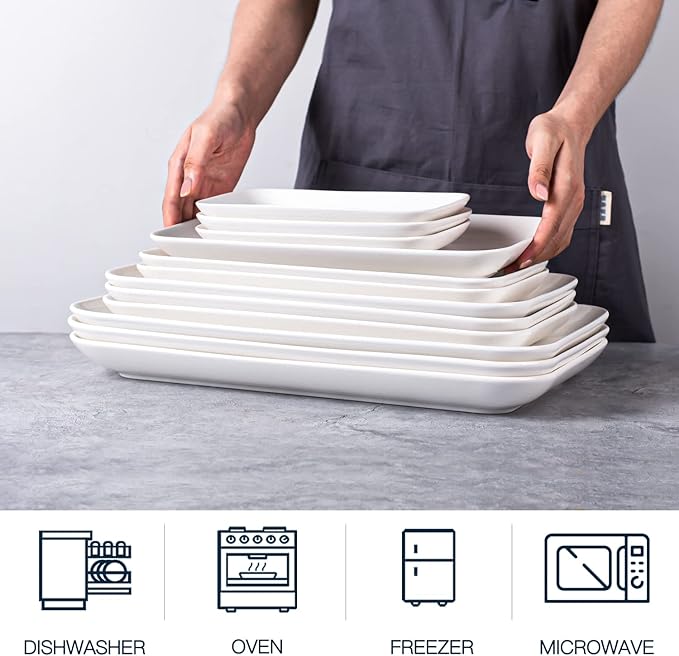 DELLING 8 Inch White Rectangular Plates Set of 3 - Porcelain Serving Platters for Appetizers, Sushi, Dessert - Oven Safe Rectangle Dinner Plates for Party, Restaurant - Stackable Ceramic Dishes