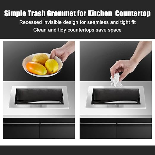 Embedded Countertop Trash Can, Stainless Steel Kitchen Trash Can, Built-in Countertop Trash and Waste Chute, Square Built-in Countertop Trash Can Grommet,Black Set