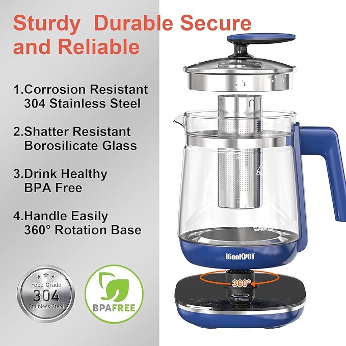 1200w Electric Kettle, 1.5L Borosilicate Glass tea kettle, Hot water kettle electric for Coffee or Tea, BPA Free, Auto Shut-Off, Stainless Steel, Fast Boil, Blue