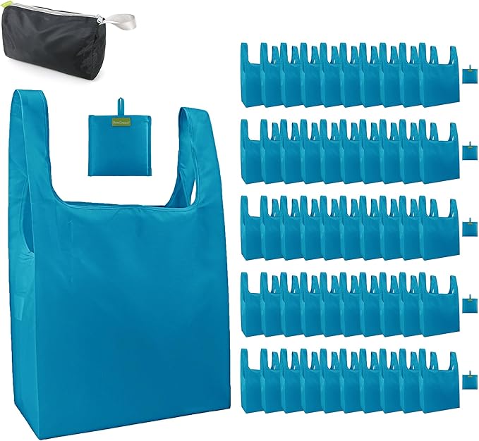 BeeGreen Light Blue Reusable Grocery Bags Wholesale Blue Reusable Kitchen Bags Bulk Foldable-Machine Washable with Zipper Storage Pouch 50 Packs