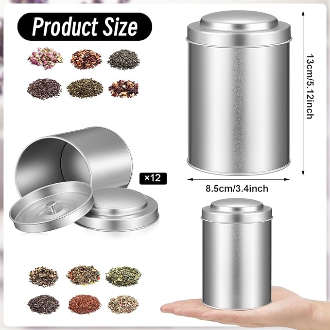 Meanplan 12 Pcs Tea Tin Canister with Airtight Double Lids Round Tin Can Box Small Kitchen Tea Canister Loose Leaf Storage Containers for Loose Bags Coffee Sugar Candy Spices(Silver,16 oz)