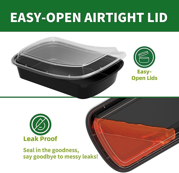 Meal Prep Containers, 50 Pack 12oz (100-Piece) Disposable Take Out Food Storage Containers with Leakproof Lids, Reusable Plastic To Go Lunch Boxes, BPA Free, Microwave/Dishwasher/Freezer Safe