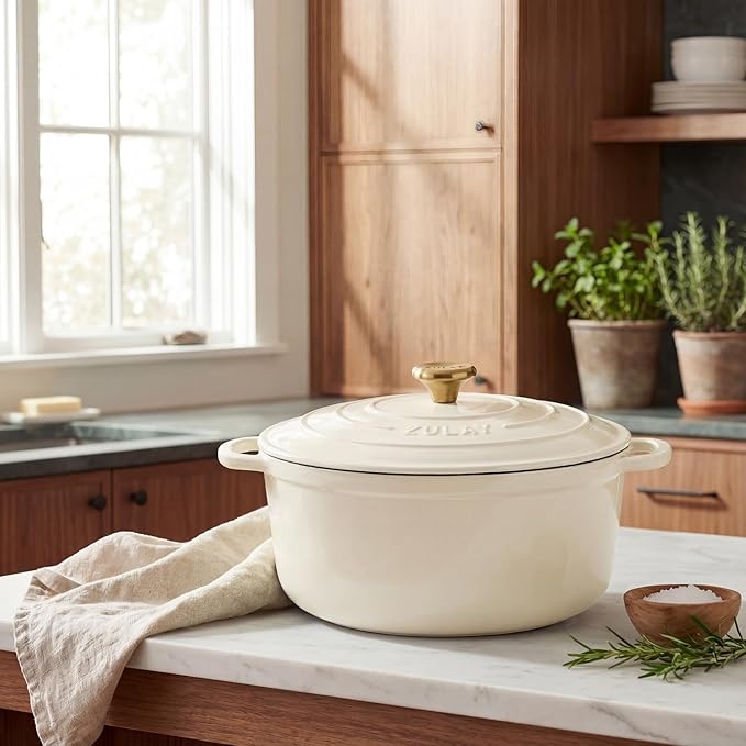 Zulay Kitchen 7.7 Quart Enameled Cast Iron Dutch Oven Pot with Lid – Premium Durability & Oven Safe up to 500°F – Heavy Duty Cookware Perfect for Bread Baking, Stews, Braising & Roasting – Ivory