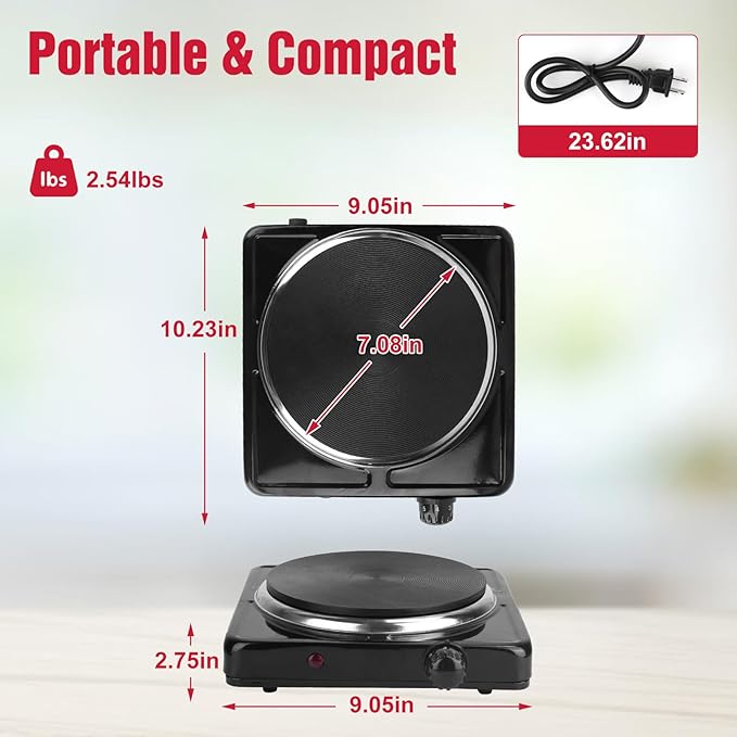 Electric Countertop Burner, 1500W Cooktop with Cast Iron Hot Plate, 5 Level Temperature Control, Easy to Clean, Indicator Lights, Cooking Stove for Office Home Camping RV