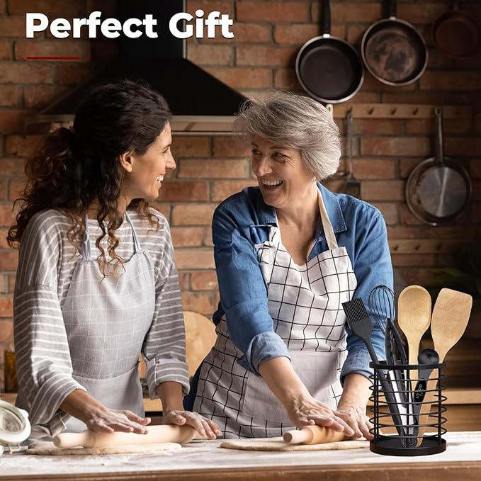 Utensil holder for Kitchen Counter - 5.2" x 5.2" x 6" Large Round Utensils Holder with Wooden Base Matte Black Cooking Utensil Holder，Kitchen countertop Utensil Organizer