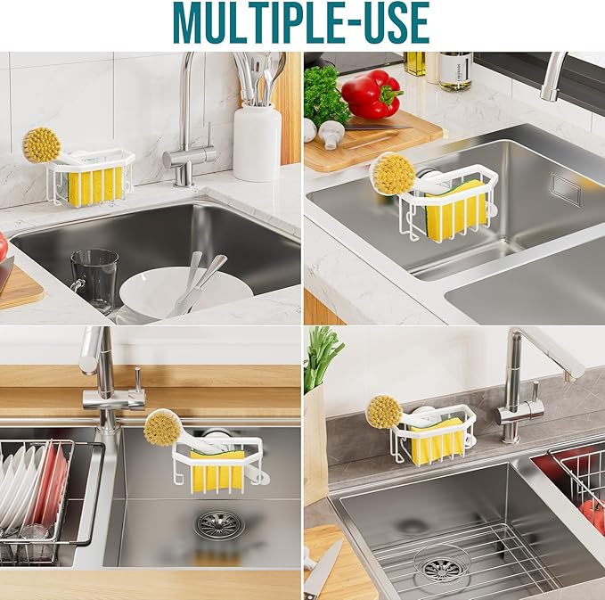 TAILI Sponge Holder for Kitchen Sink with Strong Suction Cup Removable, Rustproof Aluminum Sink Caddy for Sponge, Brush, Scrubber, Scraper White