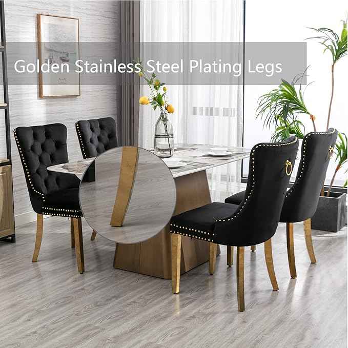 Black Velvet Dining Chairs Set of 4, Upholstered Dining Room Chairs with Back Ring Pull Trim and Golden Stainless Steel Legs,Modern Dining Chairs for Dining Room,Kitchen(Black)