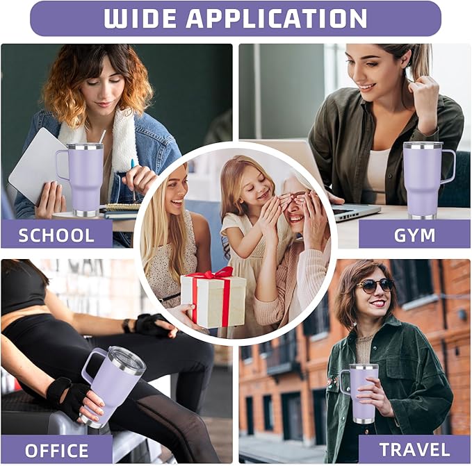 20 oz Tumbler with Handle Stainless Steel Insulated Coffee Mug Tumbler with Lid and Straw Double Wall Vacuum Insulated Coffee Mug Leak Proof Travel Tumbler for Hot and Cold Drink (Pale Purple,4pack)
