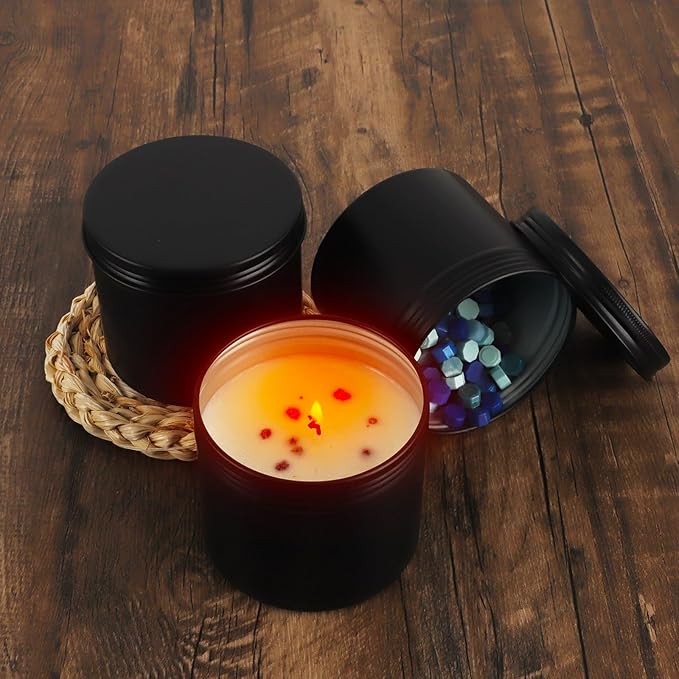 OBKJJ Black Candle Jars 10 oz Matte Tins 24 PCS Metal Candle Containers with Lids Bulk Candle Containers for Balms, Salve, Spices, Beard Balm, Crafts with 4 Markers 6 Sheets Label Stickers (Pack of 2)