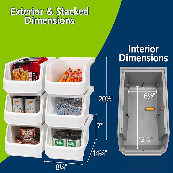 Large Plastic Containers for Organizing and Storage Bins for Closet, Kitchen, Office, or Pantry Organization, 14.75" x 8" x 7", 6-Pack, White, Large