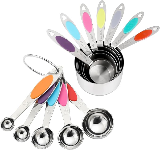 Magnetic Measuring Cups and Spoons Set, 12 Piece Stainless Steel Measuring Cups and Spoons Set, Nesting Kitchen Gadgets with Removable Clasp for Cooking & Baking (Colorful)