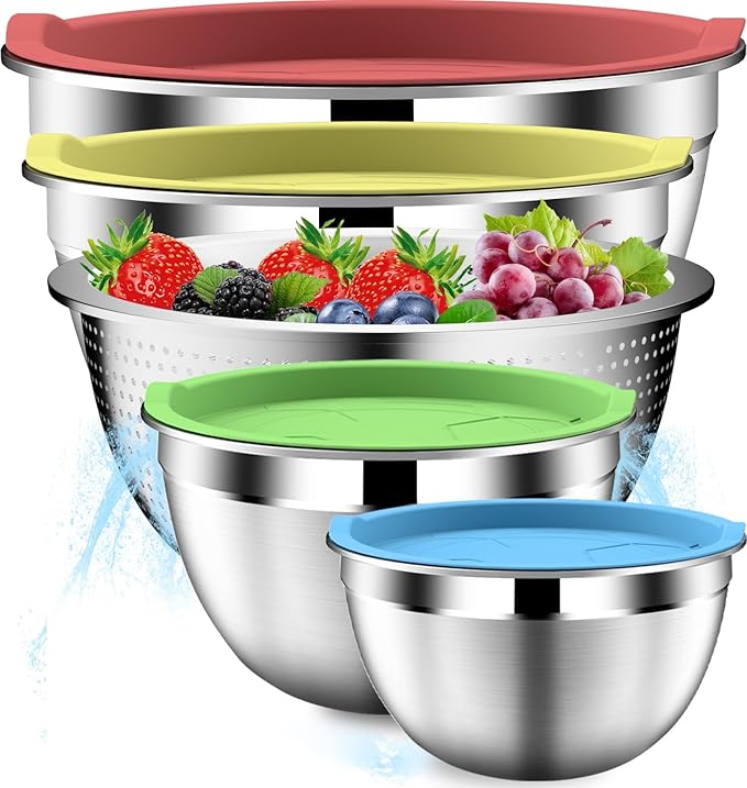 DUTZUN Mixing Bowls with Strainer, Mixing Bowl with Lids Set, Stainless Steel Mixing Bowls, Kitchen Gadgets Salad Bowls with Strainer for Mixing & Preping & Serving, Multicolor