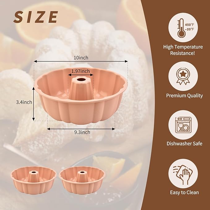 PADELE 2 Pack Silicone Cake Pan Nonstick,10 Inch, Silicone Cake Molds,Pound Cake Pan, Baking Cake Pan for Jello,Gelatin,Cake,Brownie and Bread（Pink+Pink）