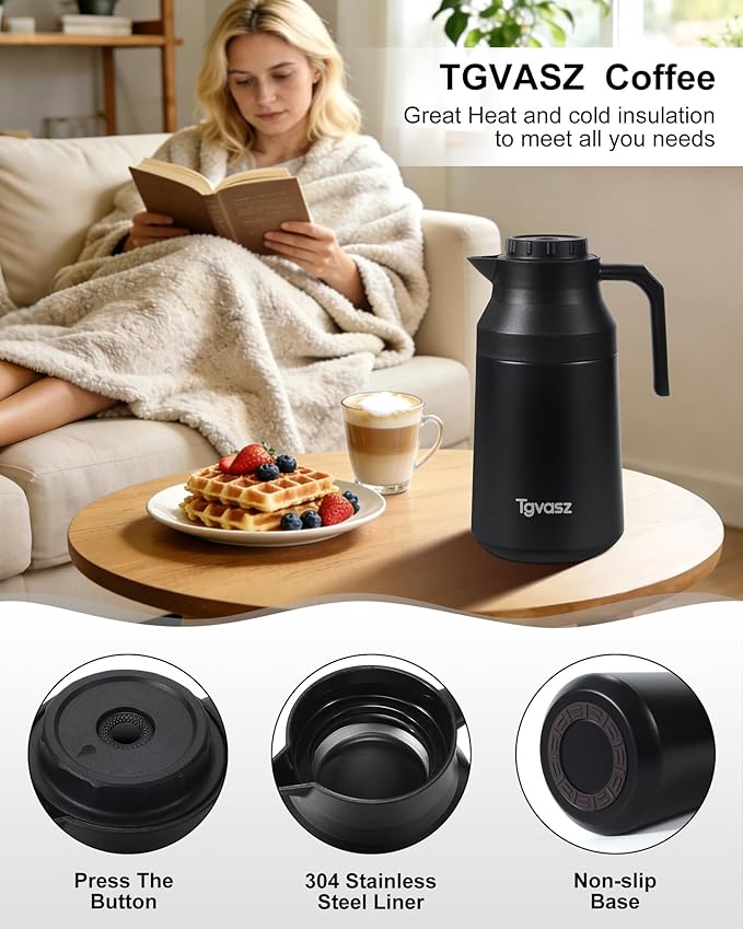 Thermal Coffee Carafe Insulated Stainless Steel Coffee Carafe for Hot Liquid Vacuum Thermal Pot Creamer Pitcher Dispenser Keeping Hot Water Milk (Black 68 oz)