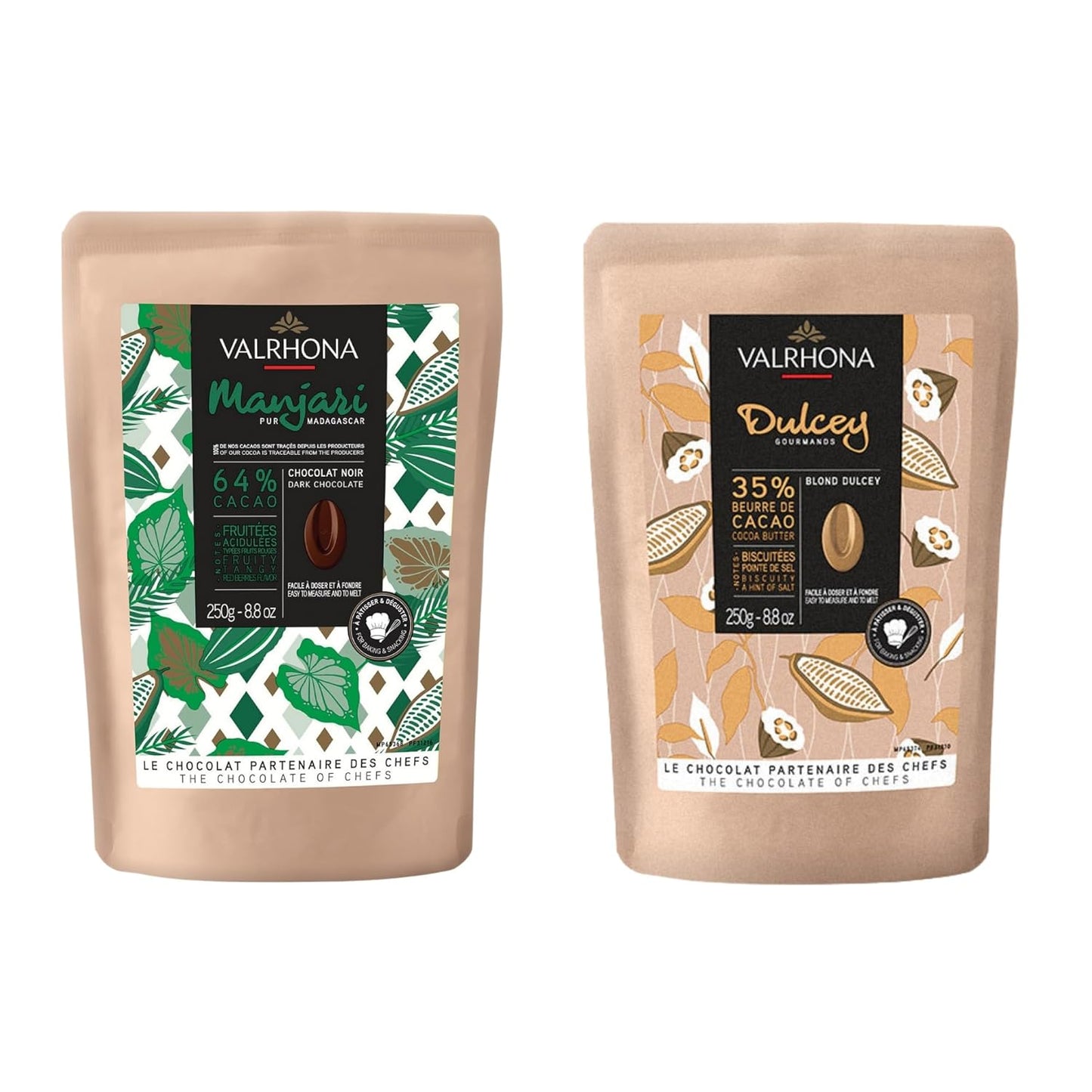 Valrhona Premium Baking Chocolate Discs (Feves), Dark Chocolate MANJARI 64% Cacao Single Origin, and Creamy Blonde Chocolate DULCEY 35% with Caramel Cookie Flavor Notes, for Cookies, Cakes, and more