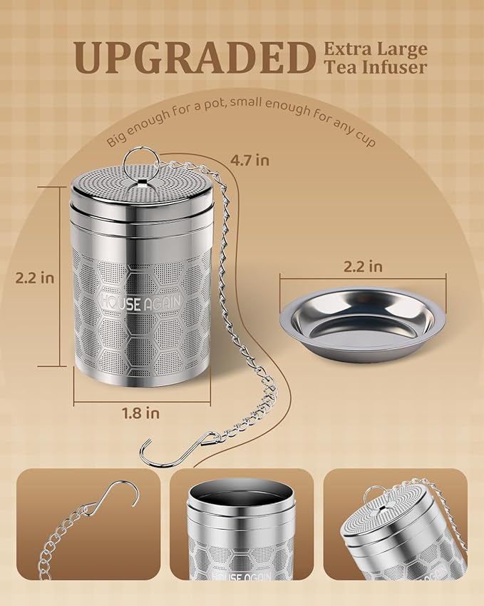 House Again Large Tea Infusers, Extra Fine Mesh Tea Strainers for Loose Tea, Slim Threaded Lid & 304 Stainless Steel, Filter Bags Diffusers, Loose Leaf Tea Steeper for Brew Tea Spices & Seasonings