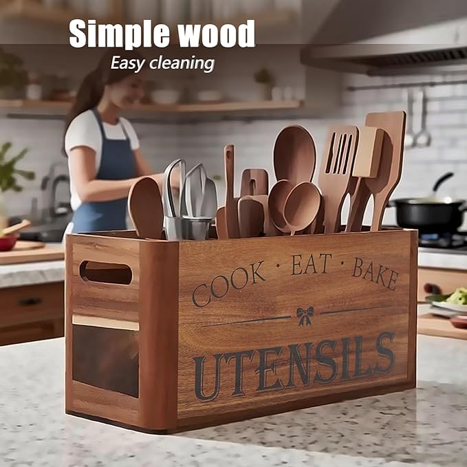 Utensil Holder for Kitchen Countertop - Extra Large 4 Compartment Wooden Organizer in Acacia Wood, Storage for Cooking Tools and Cutlery, Farmhouse Style for Home Cooking