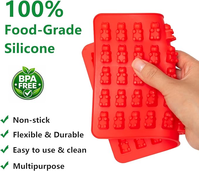 WARM TIME Gummy Bear Candy Molds Silicone, Mini Gummy Molds with 2 Droppers & 1 Cleaning Brush, Food Grade Non-Stick Silicone Molds Including Heart, Dinosaur, Bear, Donut, and Fruit, Set of 5
