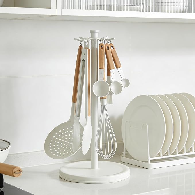 Kitchen Utensil Hanger Stainless Steel Utensil holder Rotatable Cooking Utensils Holder with 8 Hooks, Hanging Spoon Spatula Holder , White (Without Kitchen Utensils)