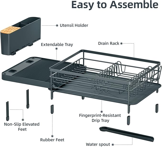 Urackify Large Dish Drying Rack, Expandable Dish Racks for Kitchen Counter, Multifunctional Dish Drainer with Utensil Holder & Cup Holder, 18.5"-26.7" L x 12.7" W, Dark Slate Gray